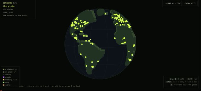 A 3D globe visualization from cityofstonks.com/app displays 157 claimed cities out of 1,768,000 possible across continents in yellow dots, with interface options including "VISIT MY CITY" and "EVERY CITY" buttons, reflecting the platform's passport stamp collection feature where users build city streets worldwide.