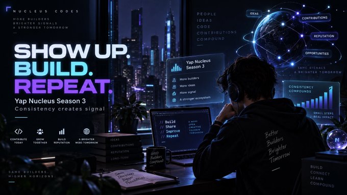 A promotional graphic for 'Yap Nucleus Season 3' featuring the tagline 'SHOW UP. BUILD. REPEAT.' and 'Consistency creates signal' overlaid on an image of a person working at a computer in a dark, futuristic setting.