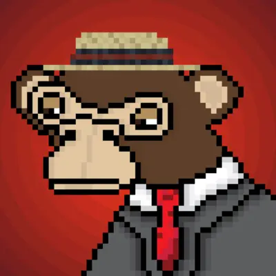 A pixel art portrait of a brown ape wearing a straw boater hat, red tie, and gray suit against a red background, representing the mascot of Pixel Ape Rowboat Club (PARC), an NFT project associated with XRP/xrpl.
