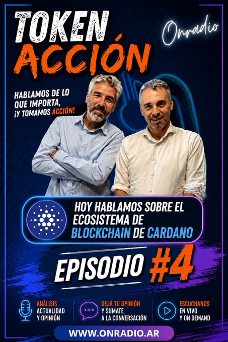 The image features two men standing next to each other, with one of them wearing a white shirt and the other wearing a blue shirt. They are both smiling at the camera, appearing to be happy and engaged in conversation. The background of the image is dark blue, which contrasts nicely with the lighter colors used for the text on the poster. The poster has a title that reads "Token ACCIÓN" and an image of two men standing next to each other. There are also some text elements such as " Hoy hablamos sobre el ecosistema de Blockchain de Cardano #ACCIO #accion token #blockchain de cardano #uruguay #colombia #uruguay", which provide additional information about the content of the poster and its relation to the topic.