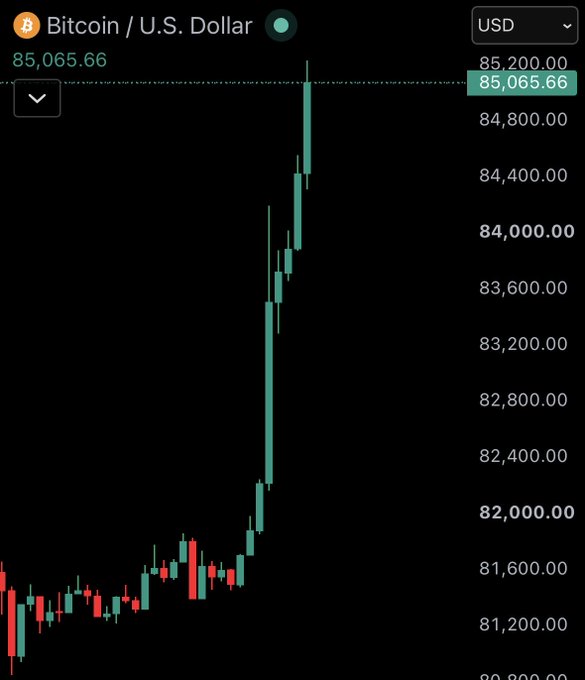 A candlestick chart for 'Bitcoin / U.S. Dollar' shows a sharp upward trend, with the current price at 85,065.66 USD.