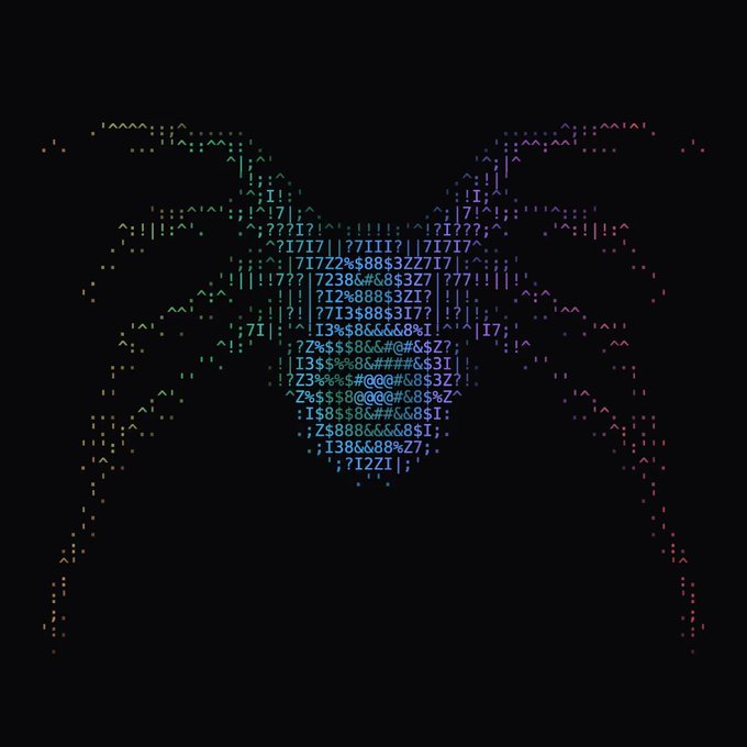 A colorful ASCII art rendering of a man's face formed from various keyboard characters on a black background.