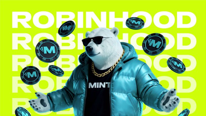 A promotional graphic features a polar bear wearing sunglasses, a gold chain, and a blue puffer jacket with 'MINT' on the shirt, surrounded by 'M' coins against a yellow 'ROBINHOOD' background.