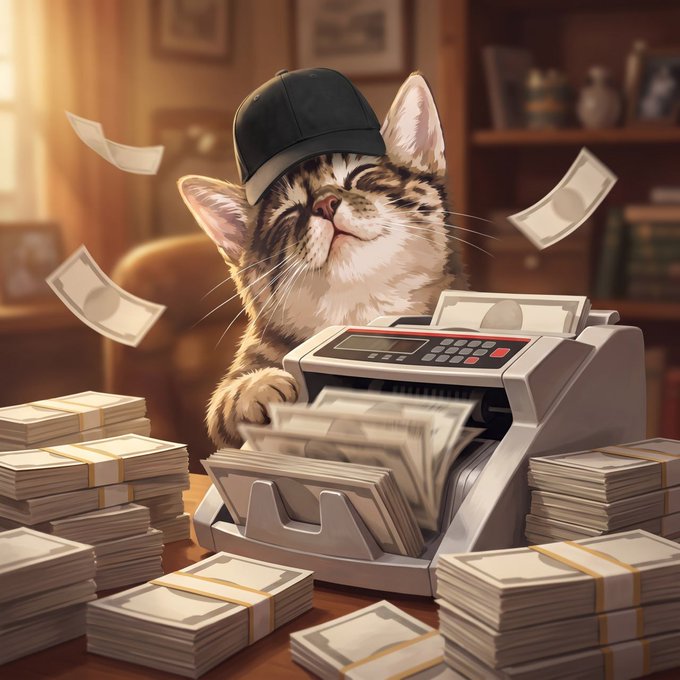 A content creator is promoting a "$1500 $PAIDCATE giveaway" on social media, asking followers to like, retweet, and share proof with a Solana address and the contract "4cBCbqh7Ra22cLSZU1baMpHw4tLfu5Zz7isyx2fupump."

The image of a cat operating a money-counting machine while surrounded by stacks of cash reinforces the giveaway's money-sharing theme.