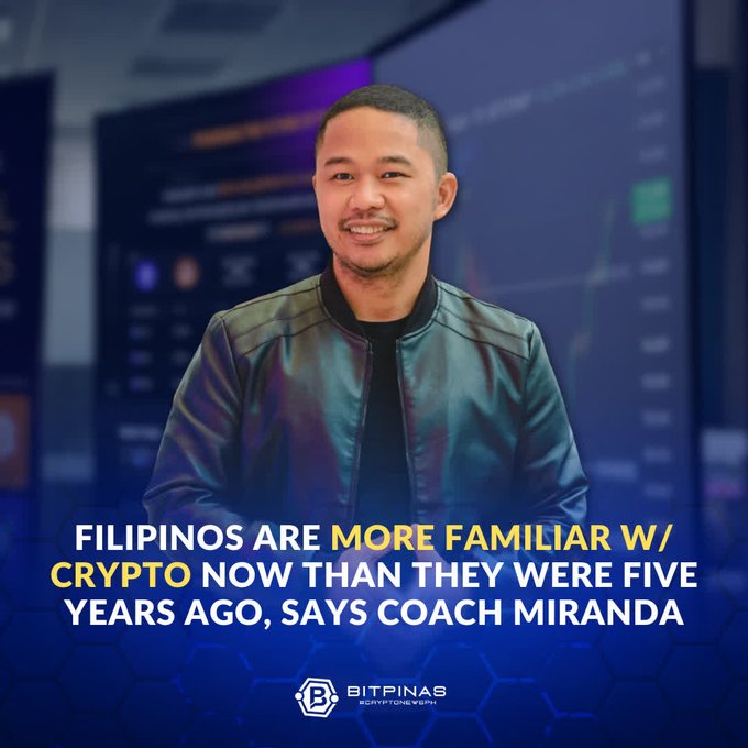 Bitpinas news graphic featuring a smiling man (Coach Miranda) with the headline 'FILIPINOS ARE MORE FAMILIAR W/ CRYPTO NOW THAN THEY WERE FIVE YEARS AGO, SAYS COACH MIRANDA'.