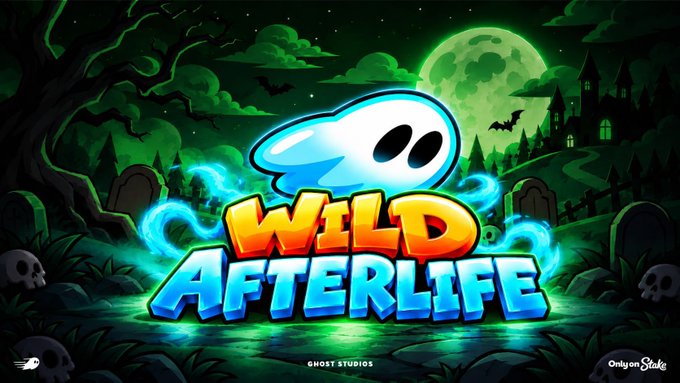 A stylized graphic titled "WILD AFTERLIFE" by Ghost Studios features a cartoon ghost with a mischievous grin floating over a spooky green-lit graveyard scene with a full moon, silhouetted castle, and skulls. The image serves as promotional artwork for a $1,000 giveaway tied to the upcoming slot launch on OnlyFans/Stake, with branding visible in the bottom corners.