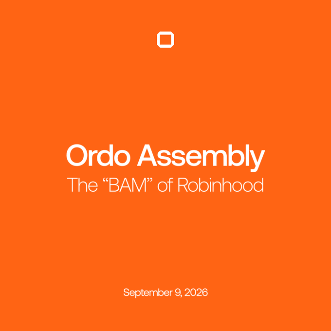 The image is a bright orange graphic with white text reading "Ordo Assembly — The 'BAM' of Robinhood," dated September 9, 2026, and a small square logo at the top. It visually supports the post's comparison between Jito's BAM for Solana and Ordo's Assembly for Robinhood.