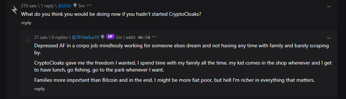 A Reddit thread titled 'What do you think you would be doing now if you hadn't started CryptoCloaks?' with a reply from user '7916a0ca19' discussing how CryptoCloaks gave them freedom to spend time with family instead of working a depressing corporate job.