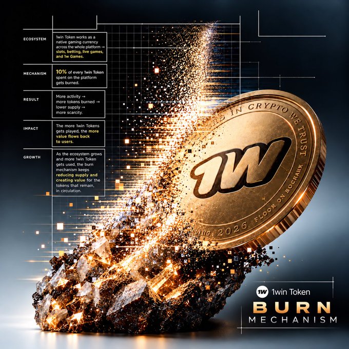 A promotional graphic for the "1win Token Burn Mechanism" shows a large gold coin marked with the "1W" logo and text including "IN CRYPTO WE TRUST," "FLOOR," and "2026," emerging from a pile of glowing, fragmented digital blocks. The left side details the burn cycle through five labeled sections—Ecosystem, Mechanism (10% burn), Result, Impact, and Growth—explaining how platform activity reduces token supply and increases value for users, directly illustrating the post's point about $1WIN's deflationary tokenomics tied to real platform usage.