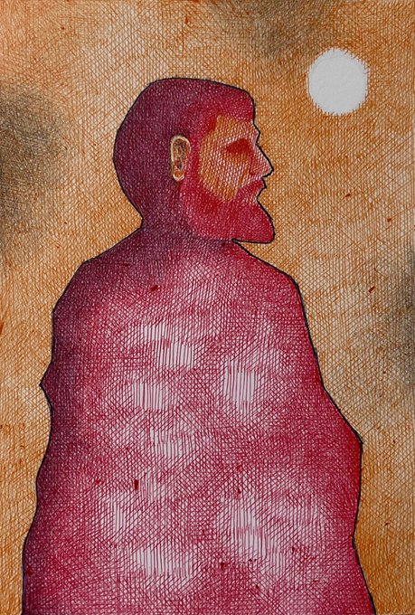 A painted artwork on a textured canvas showing a person wrapped in a red hooded cloak with a white circle above them.