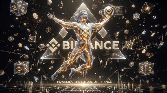 A promotional graphic for Binance cryptocurrency exchange featuring a glowing golden human figure within a triangular logo design, surrounded by floating Binance coins, with the text 'BINANCE' and 'POWERING THE FUTURE OF FINANCE'.