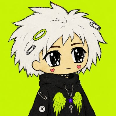 An anime-style character with messy white hair, big black eyes, and angel wings on their black hoodie stands against a bright green background, wearing safety pins and cross necklaces.
