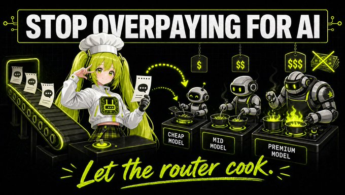 An anime-style illustration with neon green accents features a chef character and robots labeled 'CHEAP MODEL', 'MID MODEL', and 'PREMIUM MODEL', with text reading 'STOP OVERPAYING FOR AI' and 'Let the router cook.'
