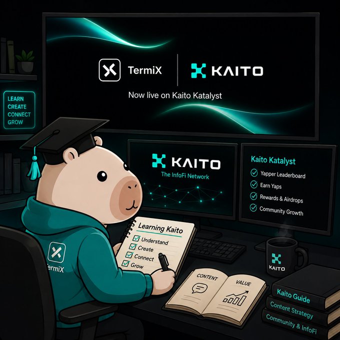 A promotional graphic featuring a cartoon bear character wearing a graduation cap studying Kaito, with text "TermiX | KAITO - Now live on Kaito Katalyst" and listings for "Kaito Katalyst" features including Yapper Leaderboard, Earn Yaps, Rewards & Airdrops, and Community Growth.
