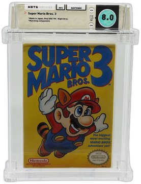 A graded copy of the NES game 'Super Mario Bros. 3' in a protective case, with WATA grading label showing 8.0.