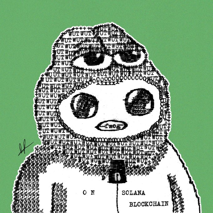 A black-and-white doodle of a character with a flat, unamused expression is filled with the repeating text "WUT," set against a green background. The character wears a jacket labeled "ON SOLANA BLOCKCHAIN," humorously framing the viral Solana memecoin culture as the return to meme-driven crypto.