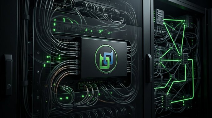 A digital rendering of a server rack with glowing green cables and a central black box displaying a blue and green stylized logo.