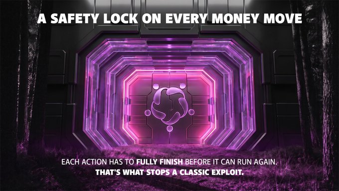 A promotional graphic with the text 'A SAFETY LOCK ON EVERY MONEY MOVE' and 'EACH ACTION HAS TO FULLY FINISH BEFORE IT CAN RUN AGAIN. THAT'S WHAT STOPS A CLASSIC EXPLOIT.'
