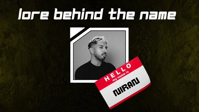 A promotional image titled "lore behind the name" features a black-and-white portrait of a man inside a hexagonal frame, accompanied by a red "HELLO my name is" name tag displaying "NIRAN," tying into the post's reveal of artist @niran7's nickname origin in Episode 125.