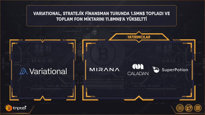 A dark-themed infographic with orange accents from Kriptobi featuring Turkish text announcing that "VARIATIONAL, STRATEJIK FİNANSMAN TURUNDA 1.5MN$ TOPLADI VE TOPLAM FON MİKTARINI 11.8MN$'A YÜKSELTTİ", displaying logos for Variational, Mirana, Caladan, and SuperPotion under "YATIRIMCILAR" (Investors).