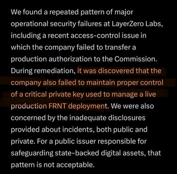 A text excerpt on a dark background with an orange highlight reading: 'it was discovered that the company also failed to maintain proper control of a critical private key used to manage a live production FRNT deployment,' discussing security failures at LayerZero Labs.