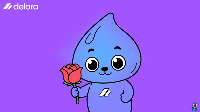 A purple-background cartoon graphic featuring a blue teardrop-shaped mascot with big eyes holding a red rose, branded with the 'delora' logo.