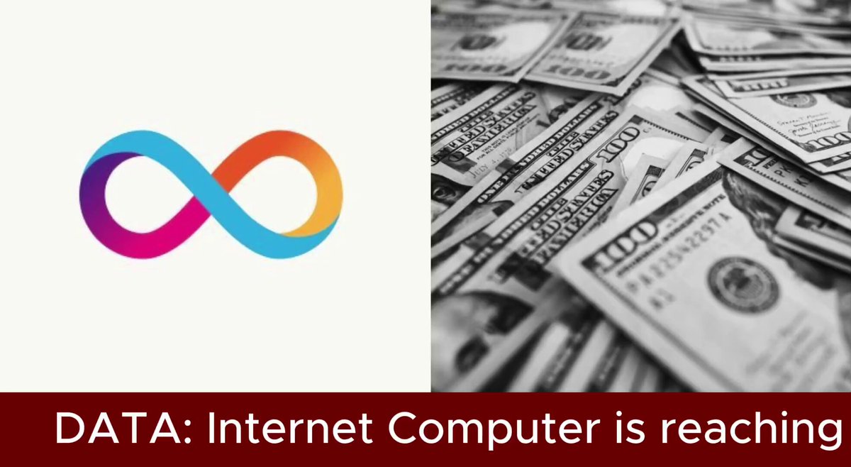 This image shows an infographic displaying two different images related to internet computers and money. One image features a colorful, repeating symbol that reads "infinity" connected to $100 bills while the other depicts a closeup view of numerous $100 bills stacked on top of each other against a grey background. The post underneath these images highlights the dangers associated with internet computer transactions reaching a massive scale, such as the risk of system crashes and cyber threats.