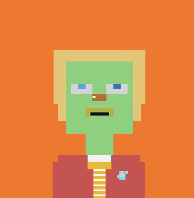 A pixel art character with green skin, blonde hair, and a red jacket standing against a bright orange background.