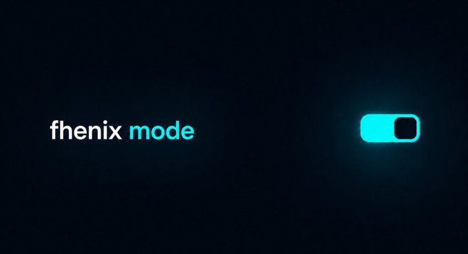 A minimalist dark-themed graphic displaying the text 'fhenix mode' next to an illuminated toggle switch in the 'on' position.