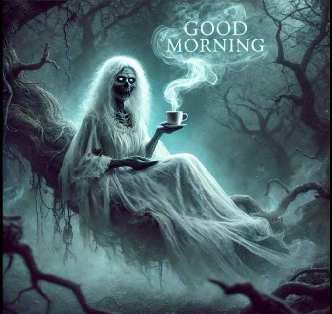 A digital artwork featuring a ghostly skeletal figure in a flowing white dress holding a steaming cup, set in a misty forest with the text "GOOD MORNING" at the top.