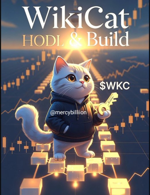 A promotional graphic for 'WikiCat HODL & Build' ($WKC) shows a cartoon white cat in a hoodie holding a golden key, standing on glowing blocks amid cryptocurrency candlestick charts, with the handle '@mercybillion' displayed.