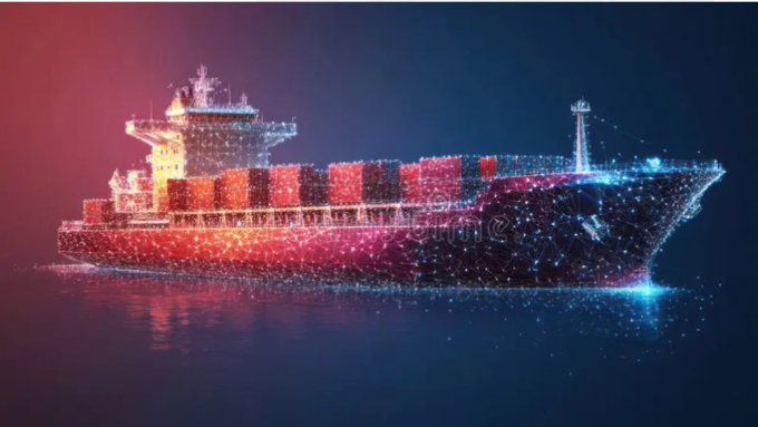 A digital artwork of a cargo ship rendered in glowing dots and lines of light in red, orange, and blue against a dark background.