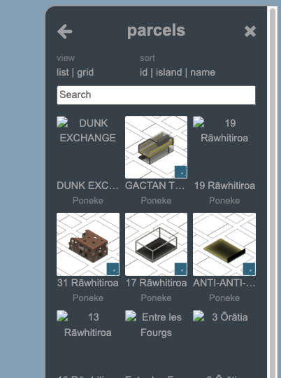 A dark-themed mobile app interface titled 'parcels' shows a grid of parcels from various locations including DUNK EXCHANGE (Poneke), 19 Rāwhitiroa (Poneke), GACTAN T... (Poneke), 31 Rāwhitiroa (Poneke), 17 Rāwhitiroa (Poneke), ANTI-ANTI-... (Poneke), 13 Rāwhitiroa (Poneke), Entre les Fourgs, and 3 Orātia.