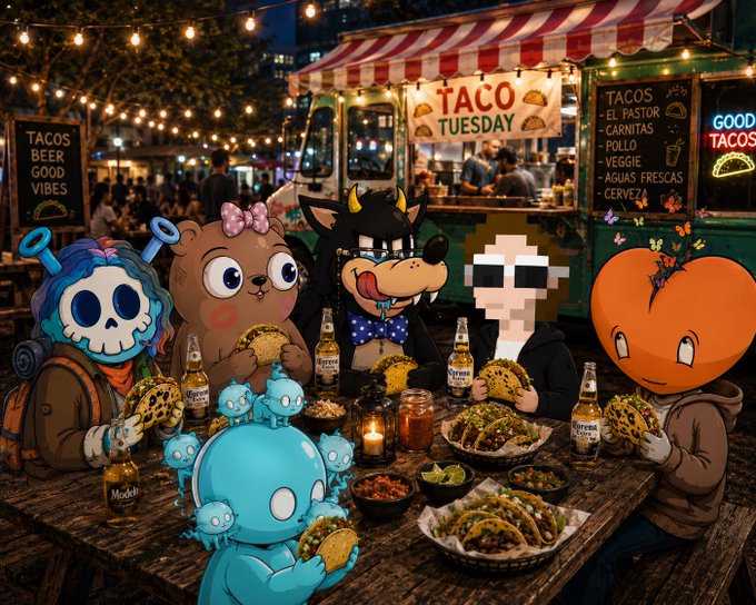 An AI-generated scene depicts cartoon characters and a person with a pixelated face enjoying tacos and beer at a table labeled 'TACO TUESDAY', with menu signs listing 'EL PASTOR', 'CARNITAS', 'POLLO', 'VEGGIE', and 'AGUAS FRESCAS'.