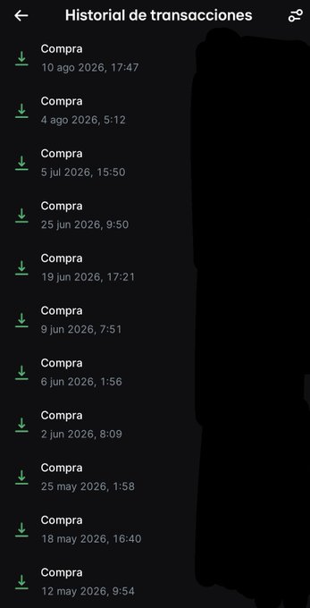 A mobile app screenshot titled 'Historial de transacciones' displaying a list of 'Compra' entries with green download icons and dates ranging from '12 may 2026' to '10 ago 2026'.