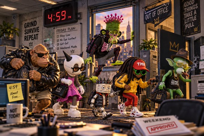 A humorous, AI-generated image of an office scene where various characters including a gorilla in sunglasses, a zombie, and a goblin are rushing to leave at 4:59 PM, with a sign reading "Almost Free" and another saying "WEEKEND APPROVED".
