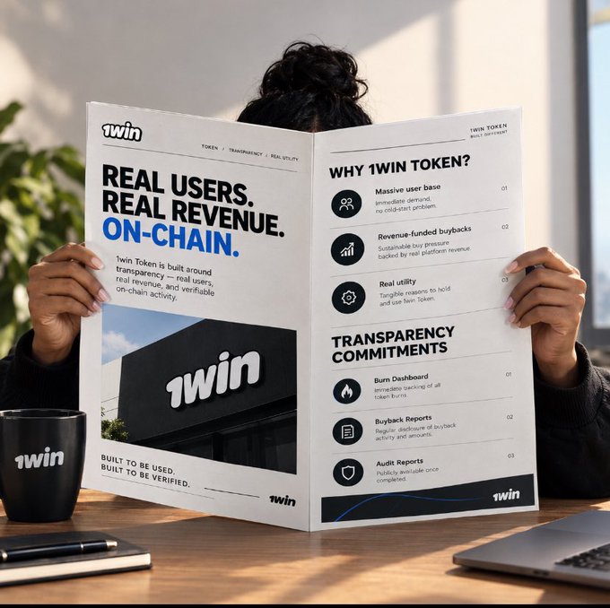 A person with dark hair sits at a wooden desk holding up an open informational brochure for '1WIN TOKEN', highlighting 'REAL USERS. REAL REVENUE. ON-CHAIN.' and detailing transparency commitments, with a branded '1win' mug nearby.