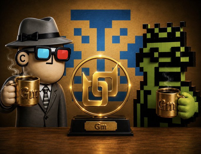 An illustrated graphic featuring a 3D character in a detective hat and 3D glasses holding a "Gm" mug next to a pixelated green character, with a central gold "Gm" coin trophy displayed on a wooden surface.