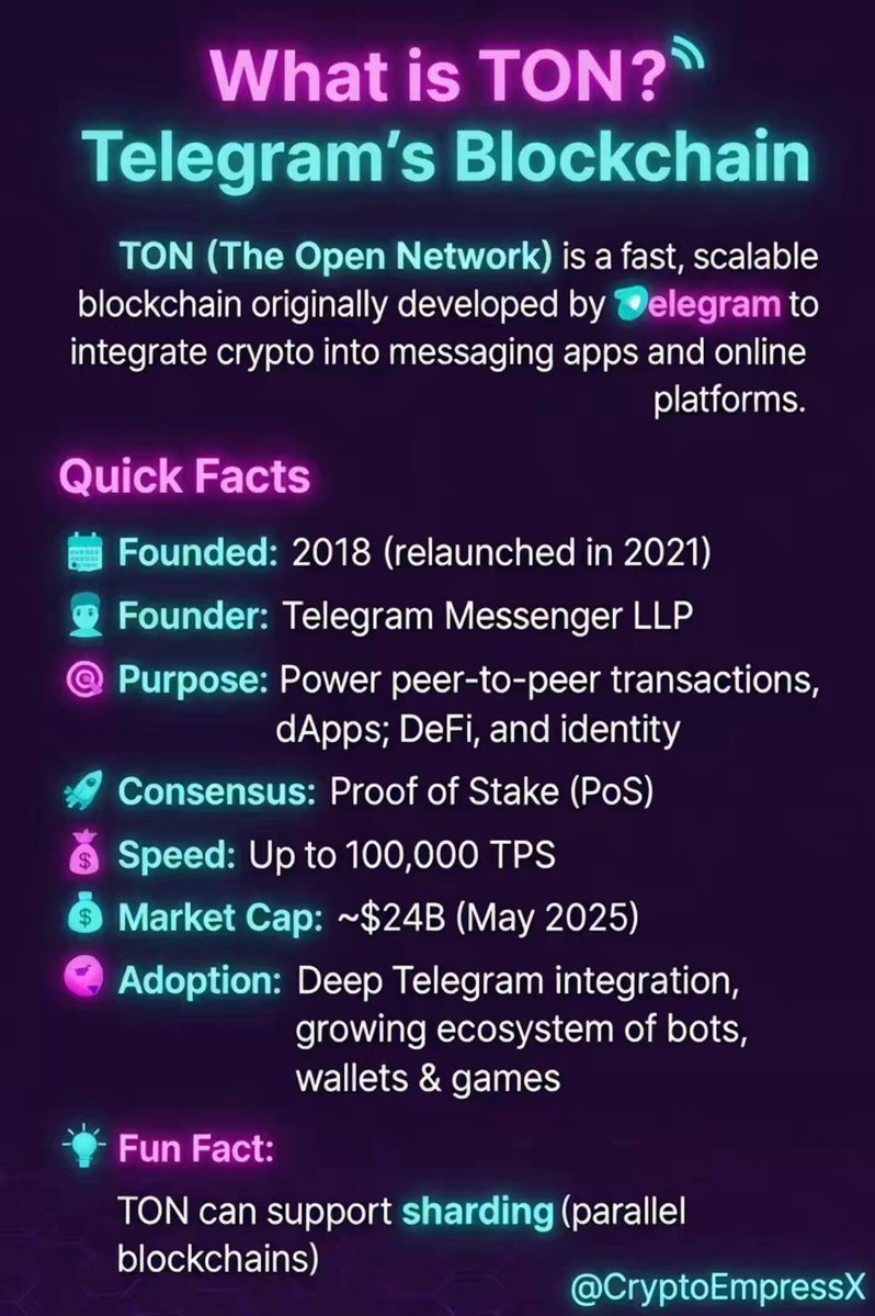 The image shows a purple background with white text that provides information about the TON network's blockchain. The title of the image reads "TON 101: Understanding Telegram’s Blockchain", indicating that this is an educational piece about the TON network. The text explains what the TON network is, how it works, and its purpose in the context of cryptocurrency. It also highlights key facts such as the founding year, the founder's name, and the purpose of the blockchain.