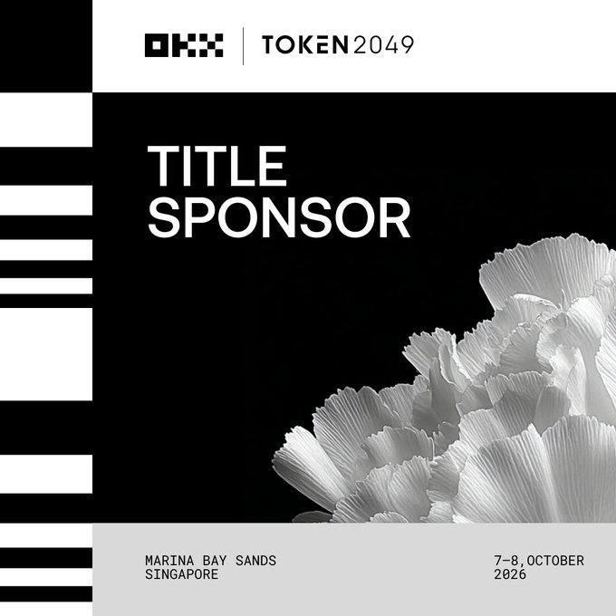 A black and white promotional graphic for 'TOKEN2049' featuring OKX as the Title Sponsor, set at Marina Bay Sands, Singapore on 7-8 October 2026, with a large abstract floral design.