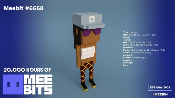 A pixel art character called 'Meebit #6668' is displayed with attribute details including a gray cap, urban boots, and aviators glasses; text reads '20,000 HOURS OF MEEBITS' and 'EST MAY 2021'.