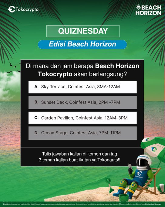 A promotional graphic for Tokocrypto's "Quiznesday Edisi Beach Horizon" features a tropical beach scene with a question asking where and what time the Beach Horizon event will take place, offering four multiple-choice options (Sky Terrace, Sunset Deck, Garden Pavilion, or Ocean Stage at Coinfest Asia) with times ranging from 12AM to 12AM-3PM, inviting followers to comment their answers and tag three friends to participate.