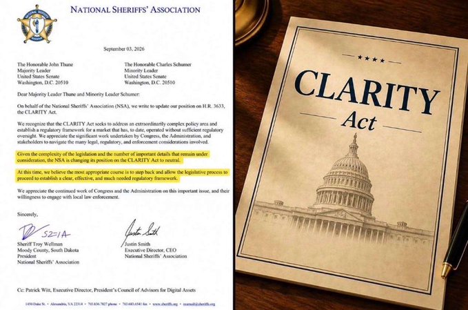 A letter from the National Sheriffs' Association dated September 03, 2026 regarding the CLARITY Act, addressed to Majority Leader Thune and Minority Leader Schumer, appears next to a document titled "CLARITY Act" featuring an image of the U.S. Capitol.