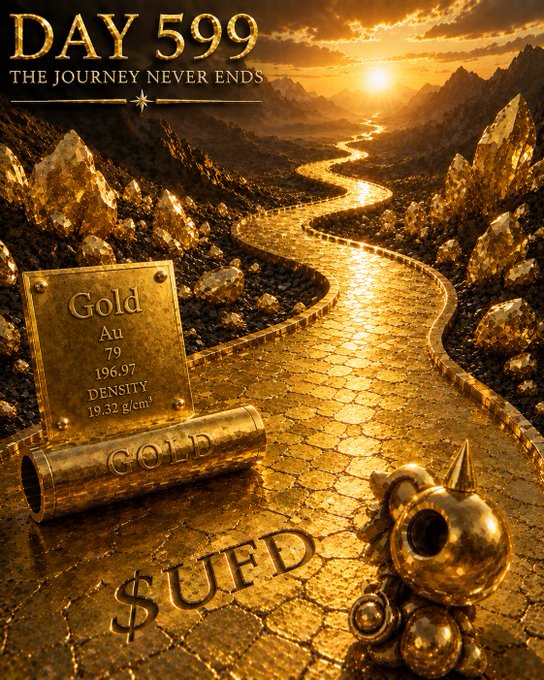 A promotional image titled 'DAY 599 THE JOURNEY NEVER ENDS' featuring a golden pathway winding through mountains towards a sunset, accompanied by a gold plaque detailing its properties (Au, 79, 196.97, DENSITY 19.32 g/cm³) and the text '$UFD'.