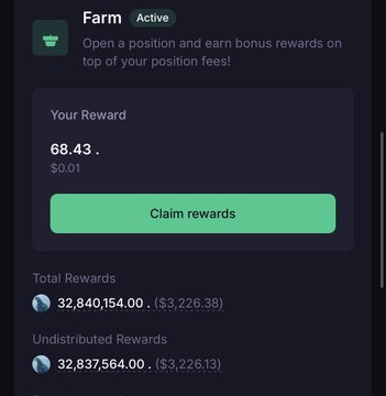 A dark-themed mobile app screenshot showing a 'Farm' section with 'Claim rewards' button, displaying a reward of 68.43 with total rewards of 32,840,154.00 and undistributed rewards of 32,837,564.00.
