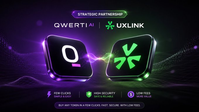 A promotional graphic announcing a 'STRATEGIC PARTNERSHIP' between 'QWERTI AI' and 'UXLINK', featuring app icons and the text 'BUY ANY TOKEN IN A FEW CLICKS. FAST. SECURE. WITH LOW FEES.'