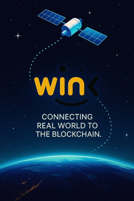 The image depicts a satellite orbiting above Earth, emitting a dotted signal path toward the orange "WINk" logo, with the tagline "Connecting Real World to the Blockchain." It visually reinforces the post's message about WINkLink bridging off-chain satellite/oracle data to on-chain smart contracts in the Web3 ecosystem.