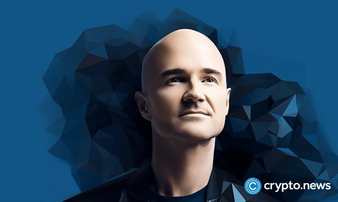 Crypto.news editorial graphic featuring a stylized polygonal portrait of a bald man against a blue background.