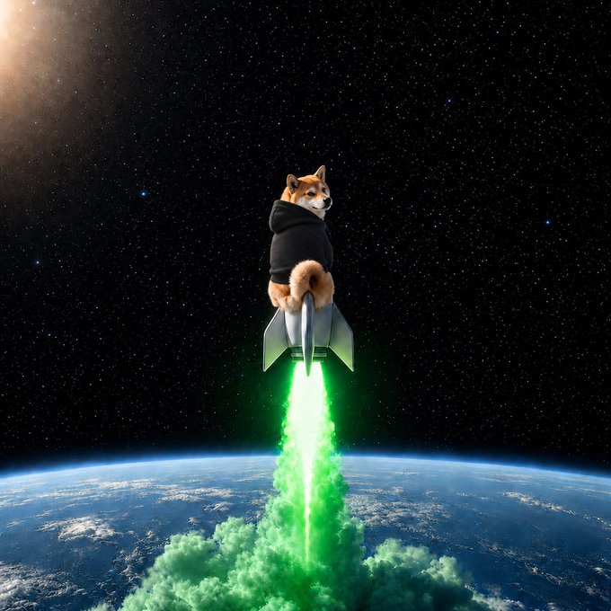 A Shiba Inu dog wearing a black hoodie rides a rocket with green exhaust trails soaring through space above Earth, whimsically answering the post's question about which dog to take to the moon.