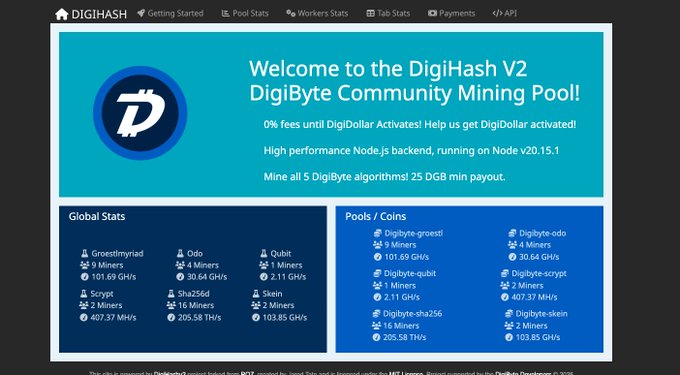 The DigiHash V2 DigiByte Community Mining Pool welcome page showing 0% fees, Node.js backend on v20.15.1, with global stats for 5 DigiByte algorithms (Groestlmyriad, Odo, Qubit, Scrypt, Sha256d, Skein) and pools/coins statistics.